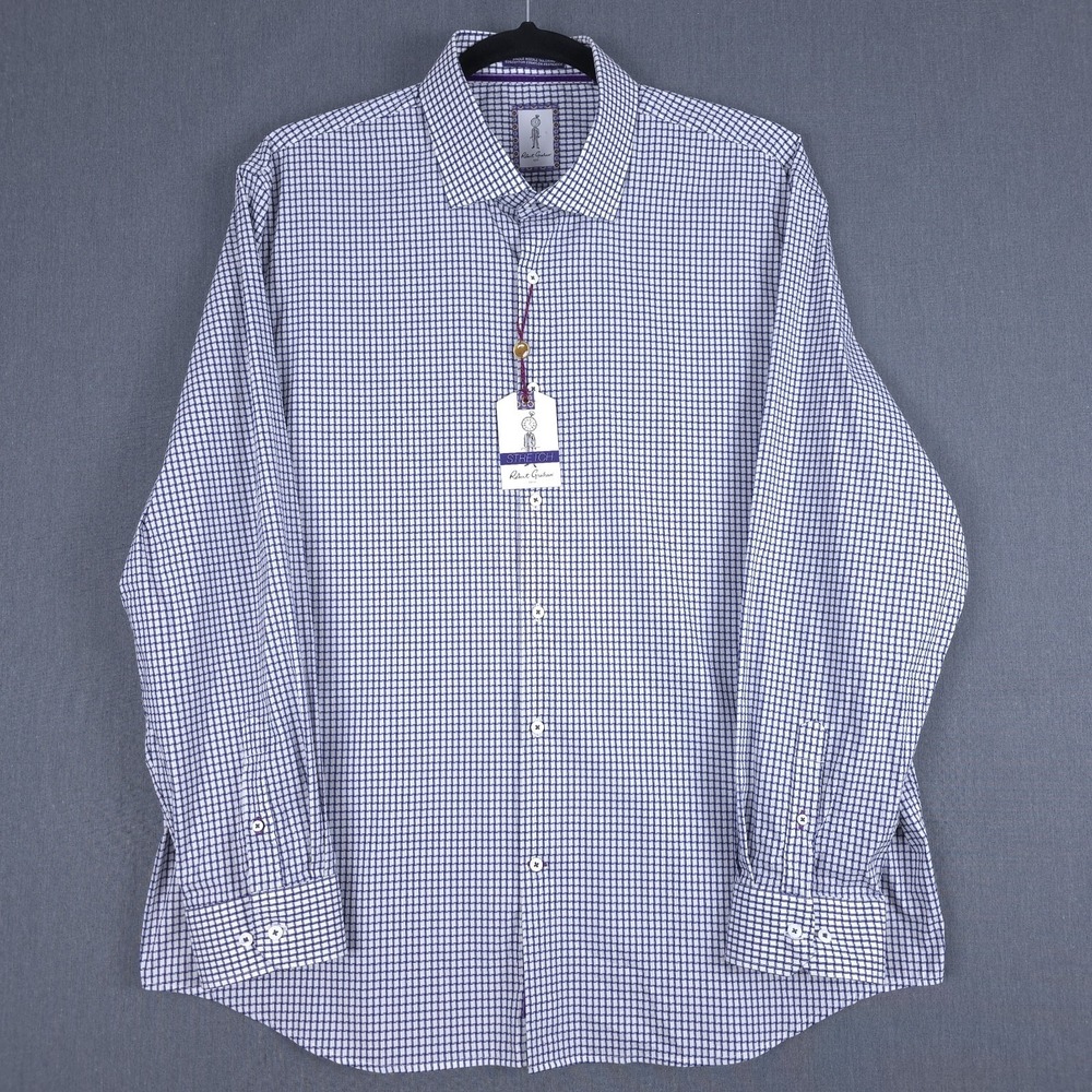 Robert Graham Acton Dress Shirt Mens 3XL 19.5‎ Navy Check Stretch Button Up